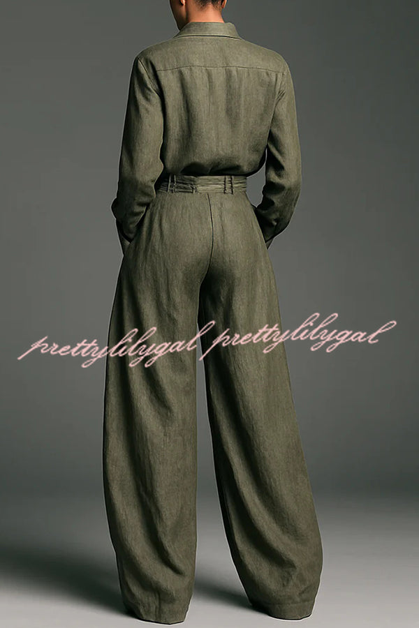 Linen Blend Lapel Long-sleeved Casual Shirt and High-waist Pocket Loose Wide-leg Pants Set