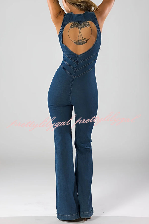 Fashionable Heart Hollow Back Slim High Waist Flared Denim Jumpsuit