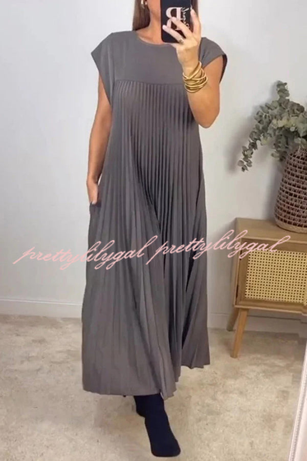 Solid Color Round Neck Sleeveless Pleated Large Hem Maxi Dress