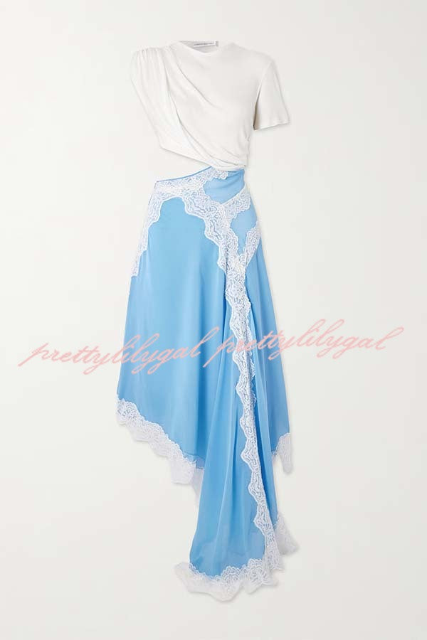 Verve Ribbed Jersey Cutout Waist Asymmetric Satin Lace Hem Maxi Dress