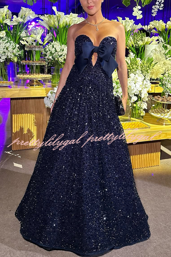 Sparkling Sky Sequin Satin Bow Detail Off Shoulder Prom Maxi Dress