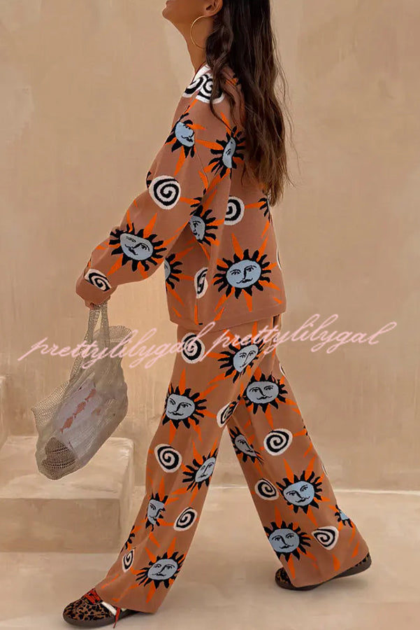 Mediterranean Art Knit Unique Sun Vortex Print Long Sleeve Relaxed Sweater