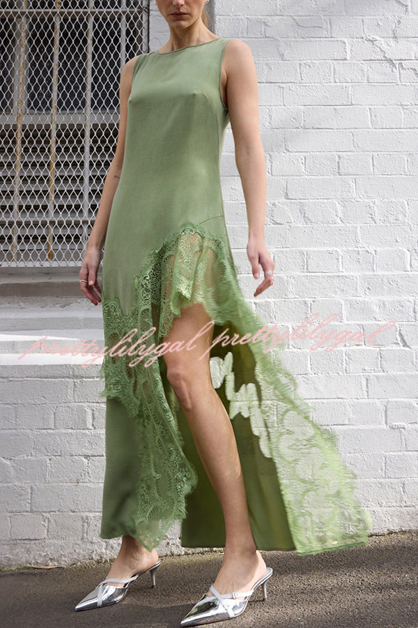 Pretty Soul Satin Lace Trim Wide Neck Irregular Hem Slit Maxi Dress