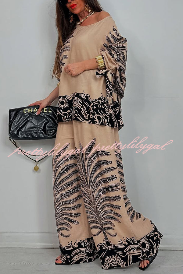 Unique Print Loose Drawstring Long Sleeve Top and Elastic Waist Casual Pocket Wide Leg Pants Set