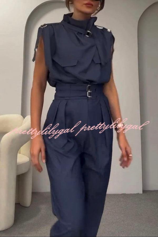 Statement Breast Pocket High Neck Top and Side Pocket Belt Long Pant Set