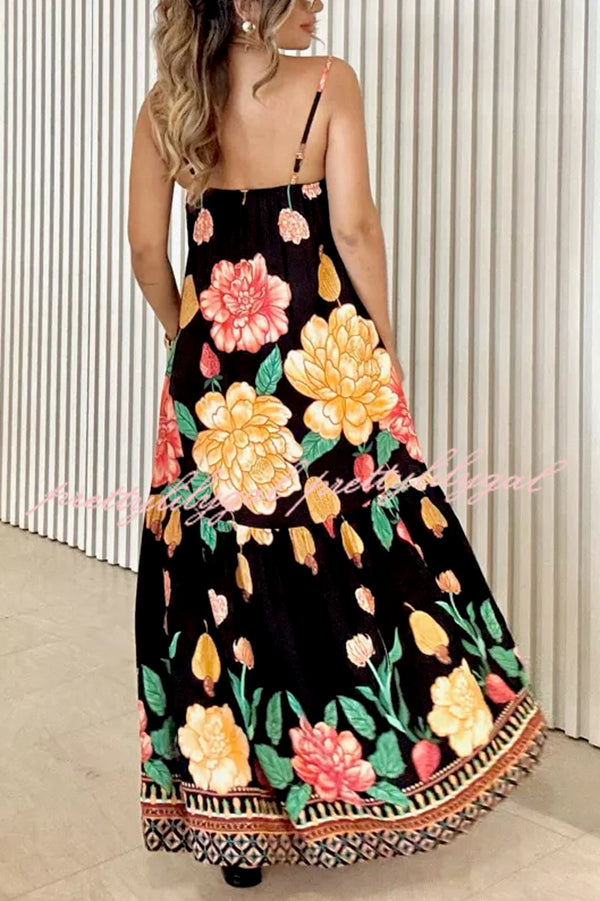 Floral Print Halter Back Loose Pocket Full Hem Maxi Dress