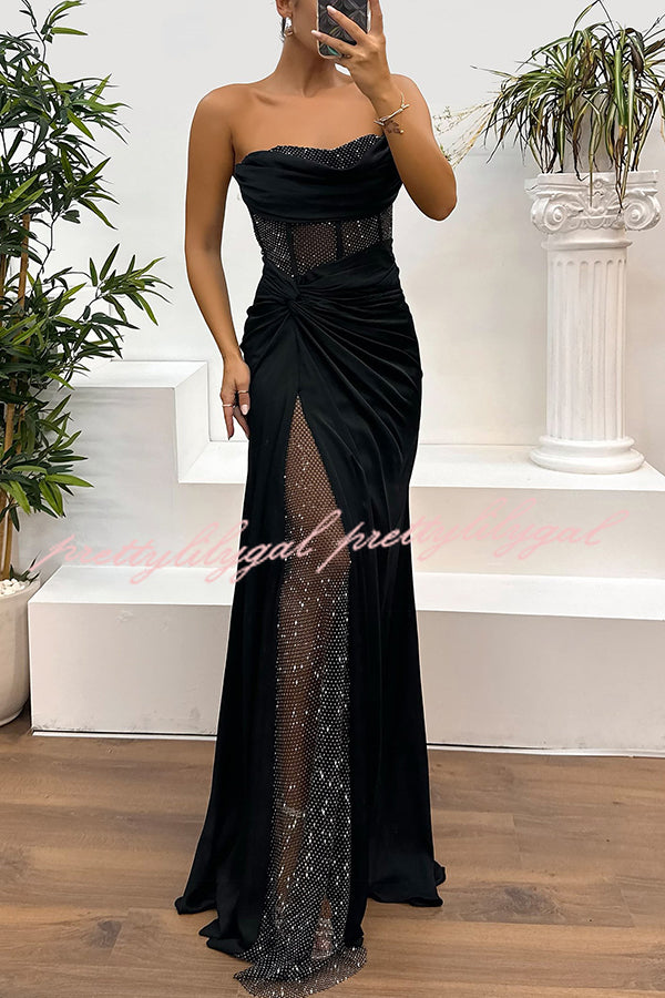 Audrey Satin Paneled Mesh Sequin Fabric Off Shoulder Ruched Drape Maxi Dress