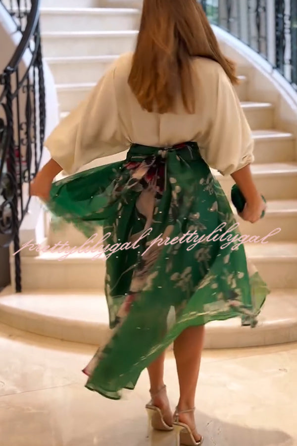 Tessy Batwing Sleeve Top and Floral Elastic Waist Pearls Detail High Low Midi Skirt Set
