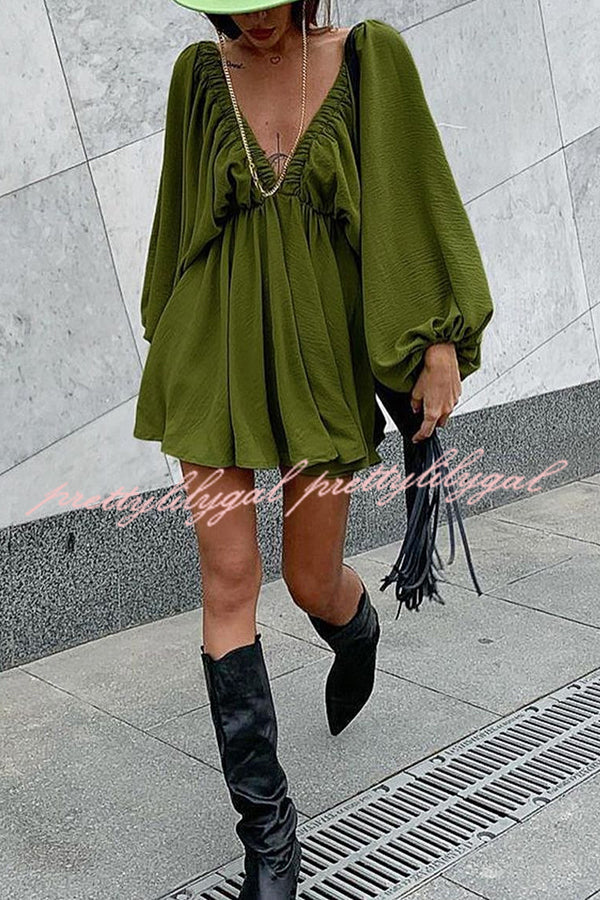 V Neck Puff Sleeve Solid Color Resort Style Mini Dress