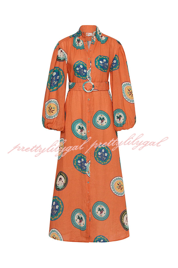 Linen Blend Unique Print Belted Single-breasted Casual Maxi Dress