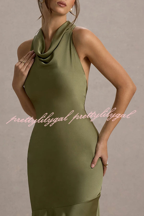 Timeless Sophistication Satin Cowl Detail Back Self-tie Halter Neck Maxi Dress