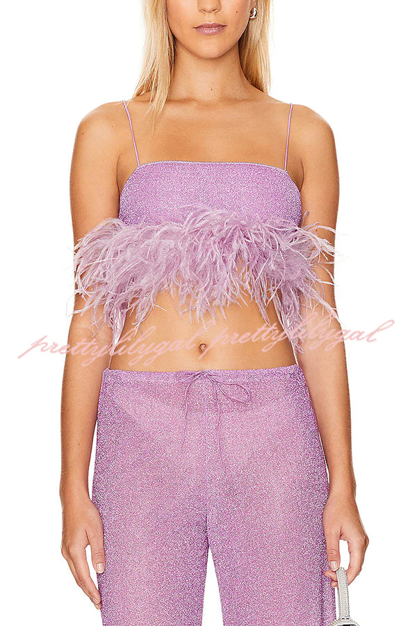 Music Carnival Glitter Stretch Fabric Feather Trim Tank and Elastic Waisted Flared Pants Set