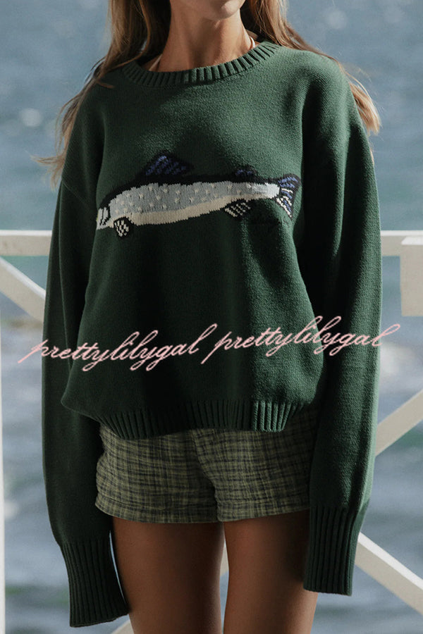 Fashionable Fish Pattern Round Neck Loose Knitted Sweater