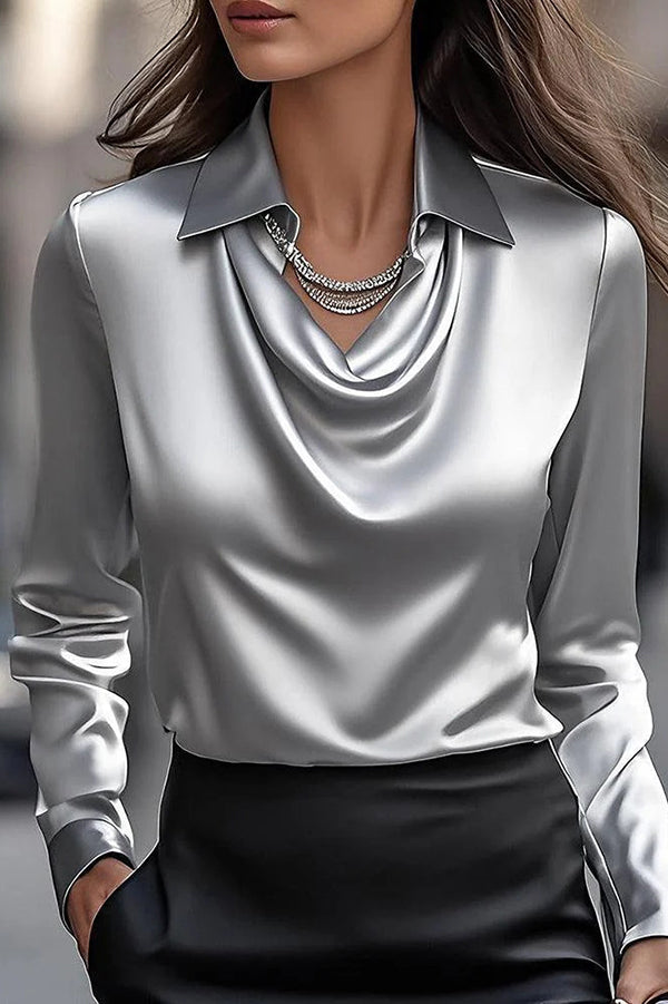 Solid Color Lapel Long Sleeve Casual Top