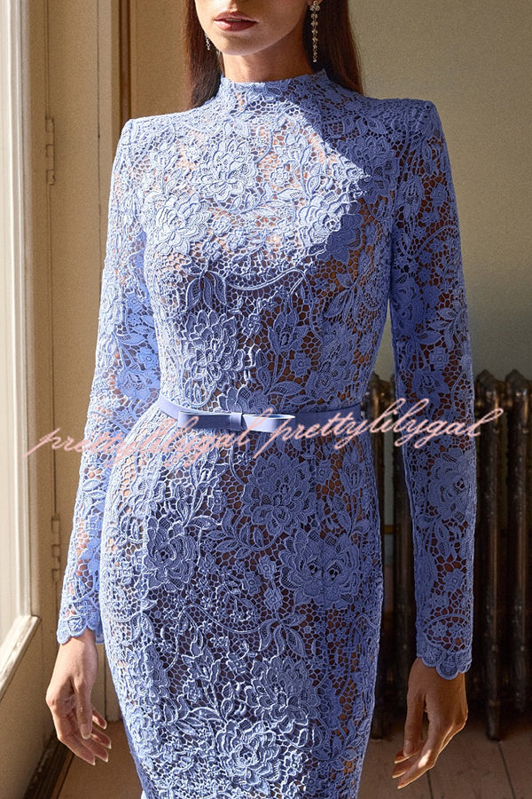 Feminine and Elegant Flower Lace Long Sleeve Bow Belted Flare Midi Dress