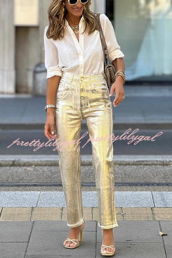 Infinite Ideas Retro Metallic Fabric High Waist Pocketed Straight Pants