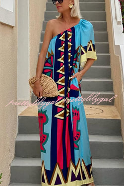 Color Boost Unique Print One Shoulder Bell Sleeve Pocketed Maxi Dress