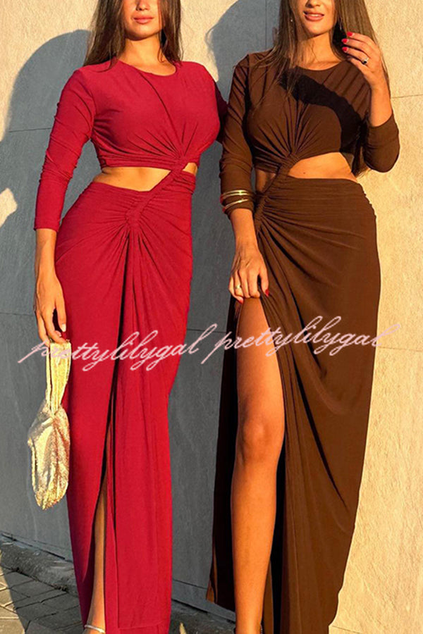 Solid Color Round Neck Long Sleeve Sexy Exposed Waist Slit Maxi Dress