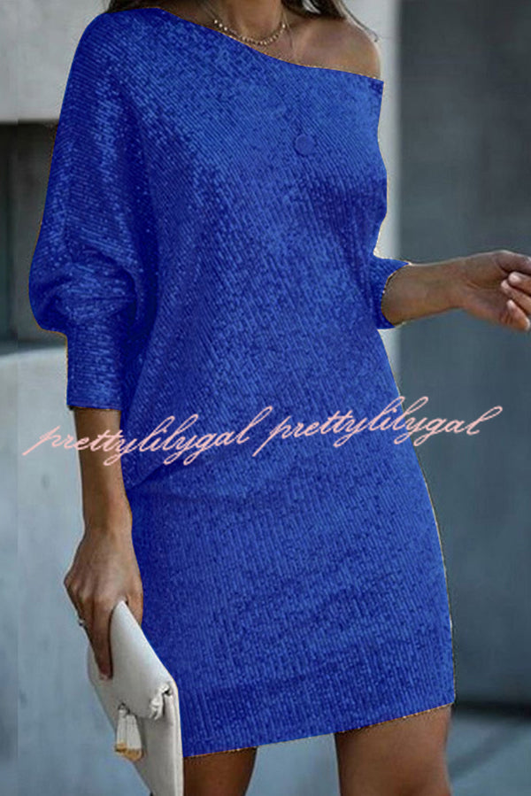 Solid Sequined Off-shoulder Loose Mini Dress