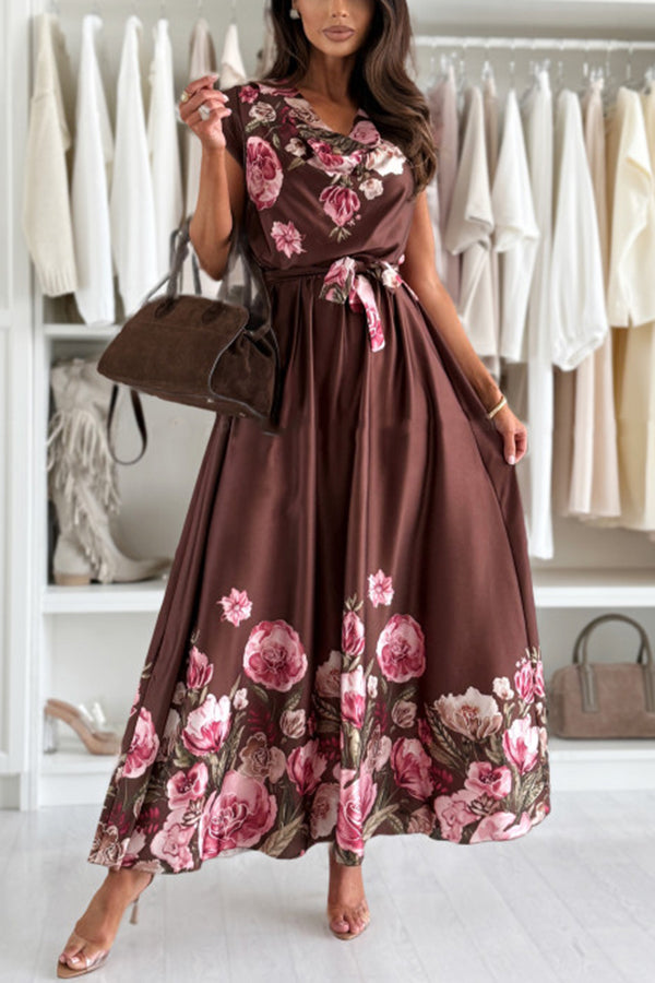 Floral Print V-neck Sleeveless Waisted Midi Dress