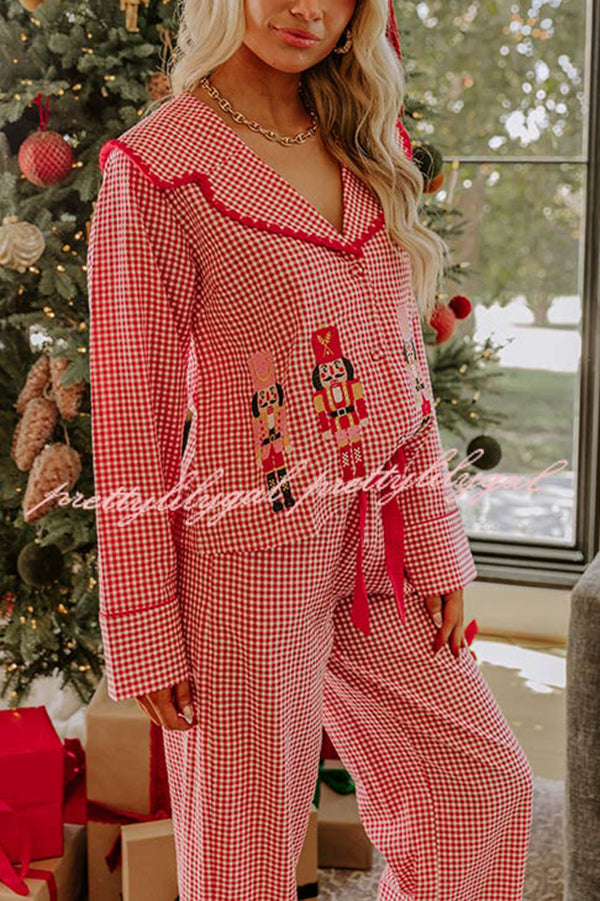 Nutcracker Charm Embroidered Gingham Loose Shirt and Elastic Waist Pajama Set