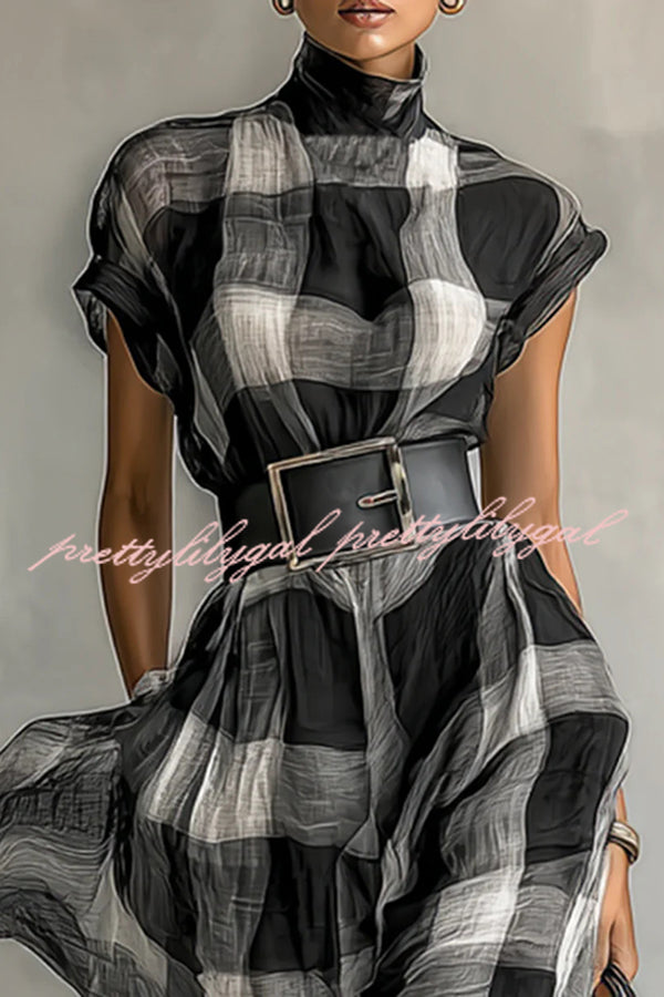 Fashionable Plaid Print High Neck Short Sleeve Elegant Maxi Dress