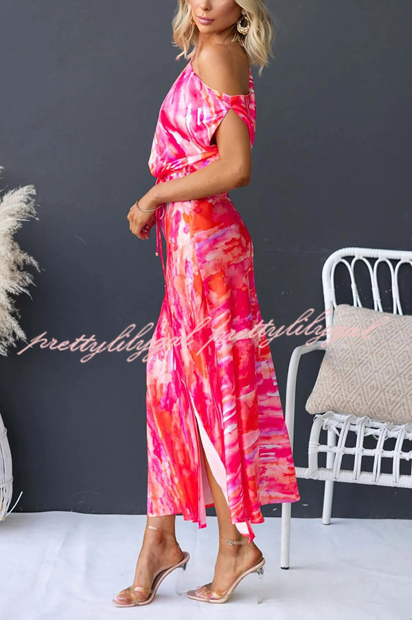 Satin Unique Print One Shoulder Tie Waist Slit Maxi Dress