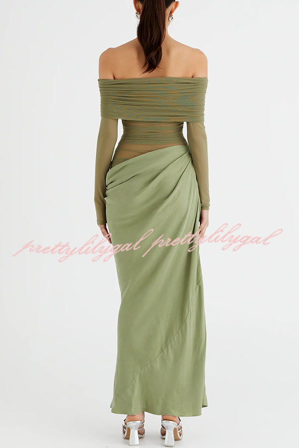 Exquisite Sexy Mesh Patchwork Off Shoulder Cutout Ruched Maxi Dress