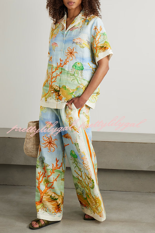 Unique Printed Lapel Short Sleeve Loose Shirt and Elastic Waist Casual Pocket Vacation Pants Set