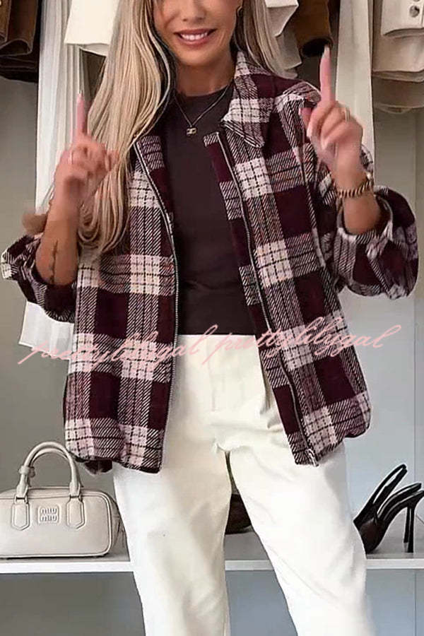 Fashion Plaid Print Lapel Long Sleeve Loose Zipper Jacket