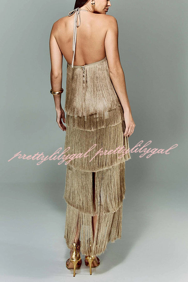 Sexy Halterneck Backless Elegant Fringe Maxi Dress