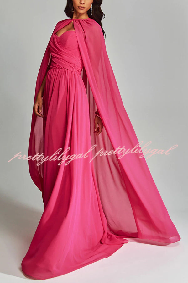 Romantic Party Chiffon Off Shoulder Sweetheart Neck Ruched Cape Maxi Dress