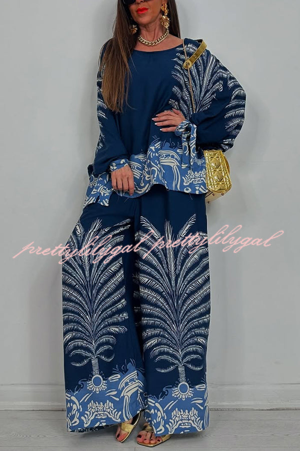 Unique Print Loose Drawstring Long Sleeve Top and Elastic Waist Casual Pocket Wide Leg Pants Set