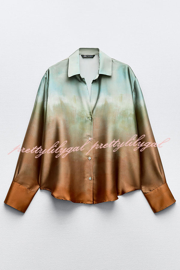 Fashionable Gradient Print Lapel Long Sleeve Casual Shirt