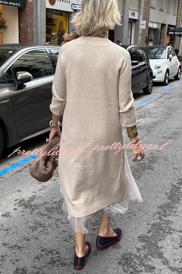 Jollie Knit Long Sleeve Front Slit Midi Sweater and Pleated Tulle Stretch Tank Midi Dress Two-piece Set