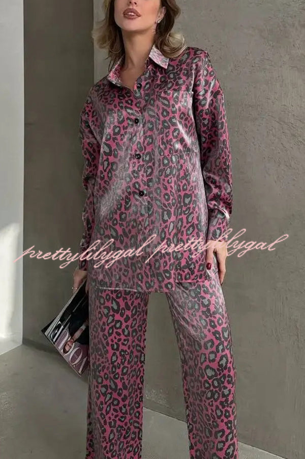 Leopard Print Long-sleeved Casual Top and Loose Elastic Waist Tie Pants Set