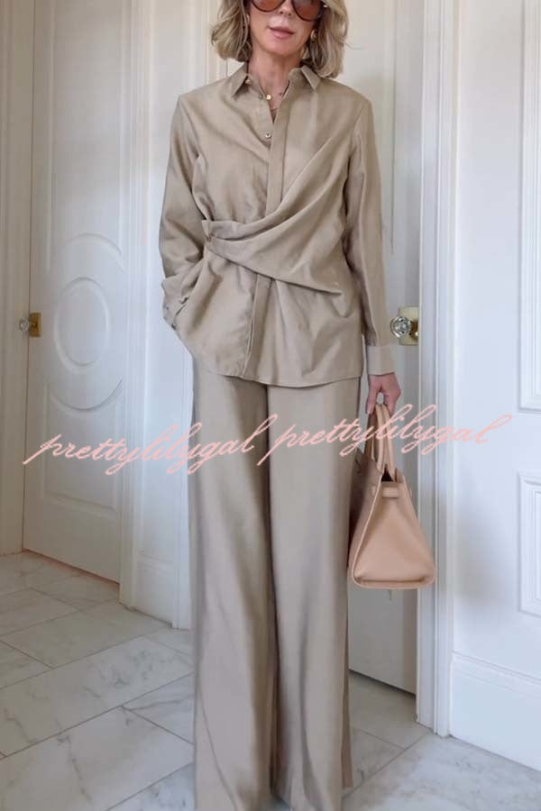 Juliette Cross-front Button Up Long Sleeve Shirt and Elastic Waist Pocket Loose Pants Set