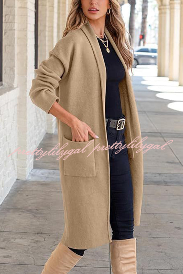 Solid Color Long-sleeved Casual Loose Pocket Mid-length Cardigan
