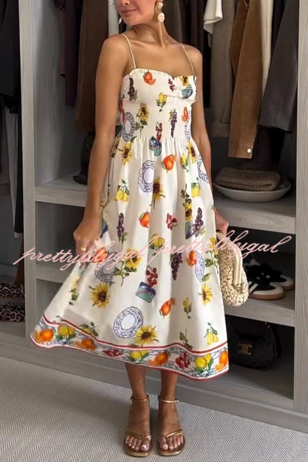 Summer Fruit Print Sling Pleated Vacation Midi Dress