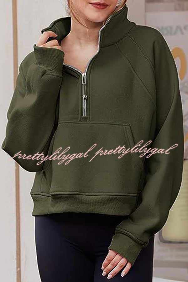 Stylish Patchwork Stand Collar Zippered Loose Pocket Sweatshirt