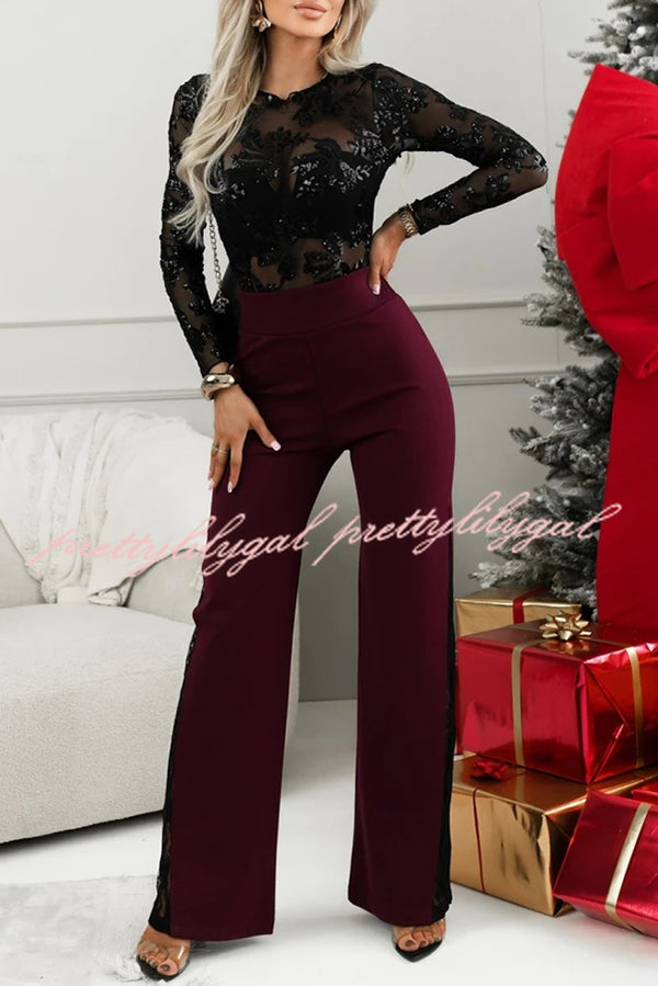 Joelie High Rise Elastic Waistband Side Lace Patchwork Flare Pants