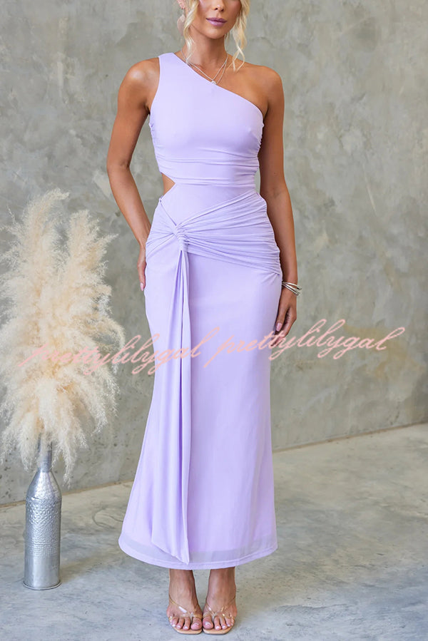 Solid Color Elegant Mesh One Shoulder Sexy Waist Hollow Out Maxi Dress