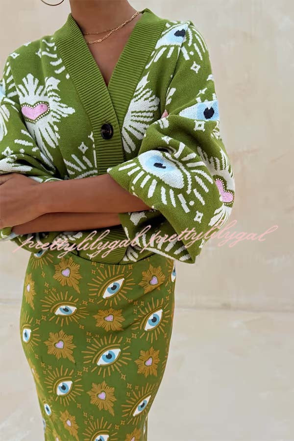 Mysterious Magic Knit Eye Heart Pattern Button Up Long Sleeve Loose Cardigan
