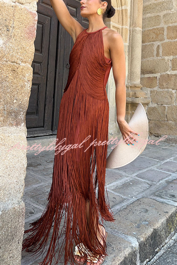 Fashion Sleeveless Halter Neck Elegant Tassel Slim Maxi Dress