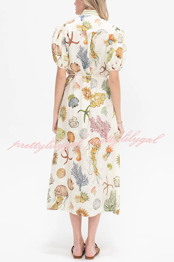 Beach Shell Print Puff Sleeve Tie-Waist Casual Midi Dress