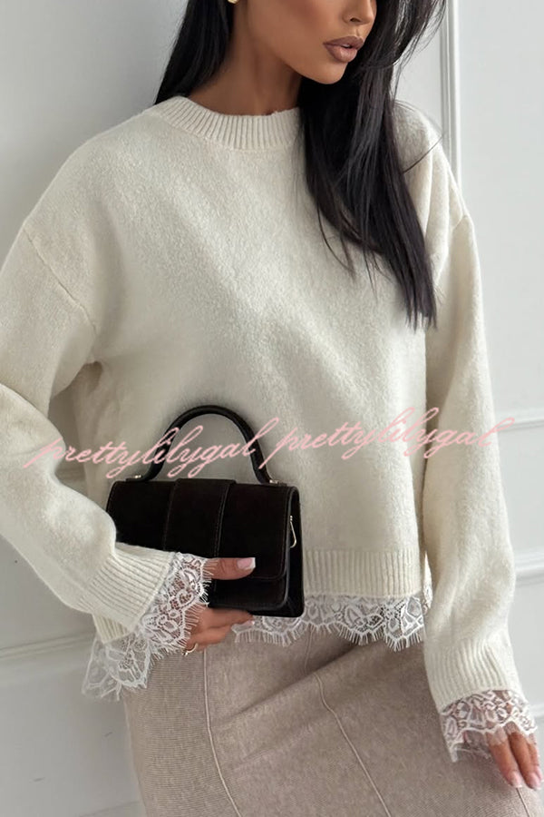 Caitlin Knit Lace Trim Patchwork Long Sleeve Back Slit Relaxed Sweater