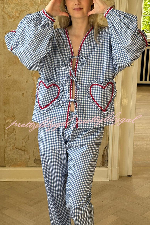 Lovely Plaid Heart Pattern Casual Lace-up Pocket Loose Shirt