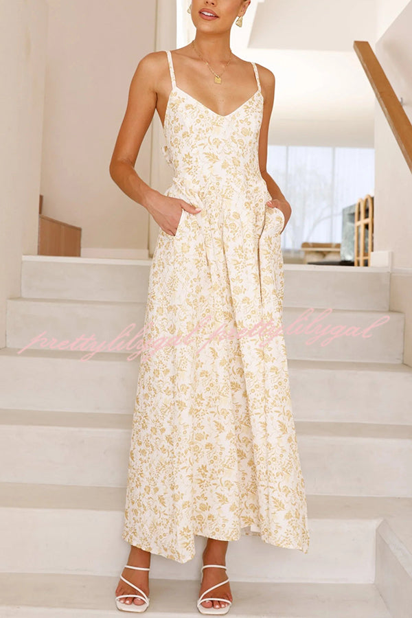 Floral Print V-Neck Sleeveless Back Tie Pocket Maxi Dress