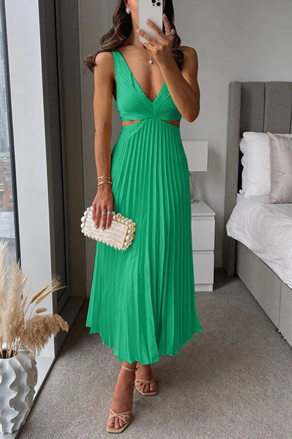 Summer Social Stain Pleated Cutout Waist Loose Midi Dress