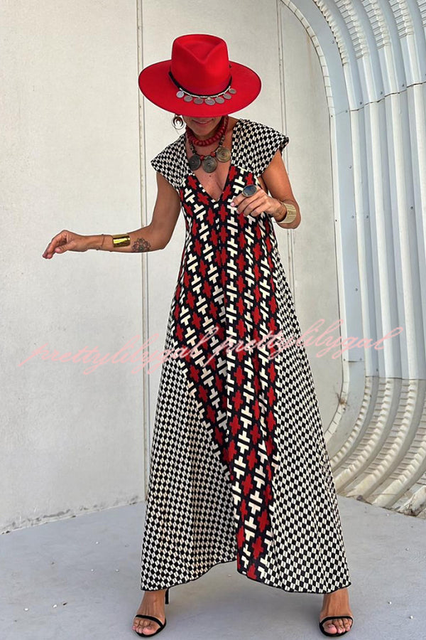 Fresh Breeze Ethnic Unique Print Ruffle Sleeve A-line Maxi Dress